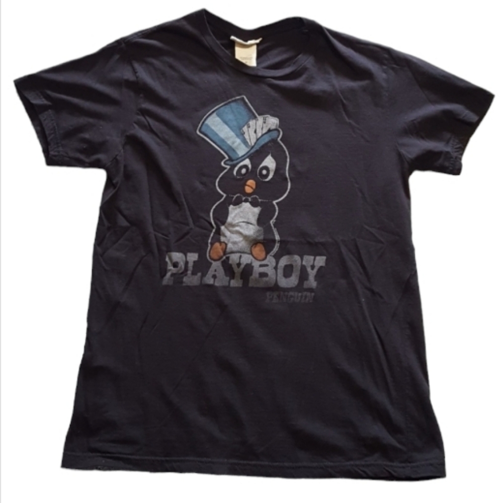 True Vintage Men's Medium Penguin Wearing Hat Playboy Graphic Short Sleeve Shirt